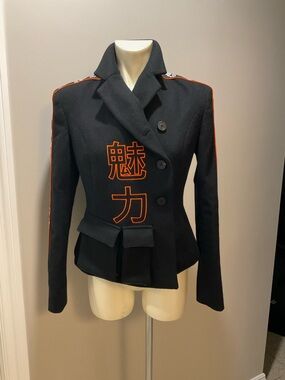 Tailored Black Blazer with Orange Embroidered Accents